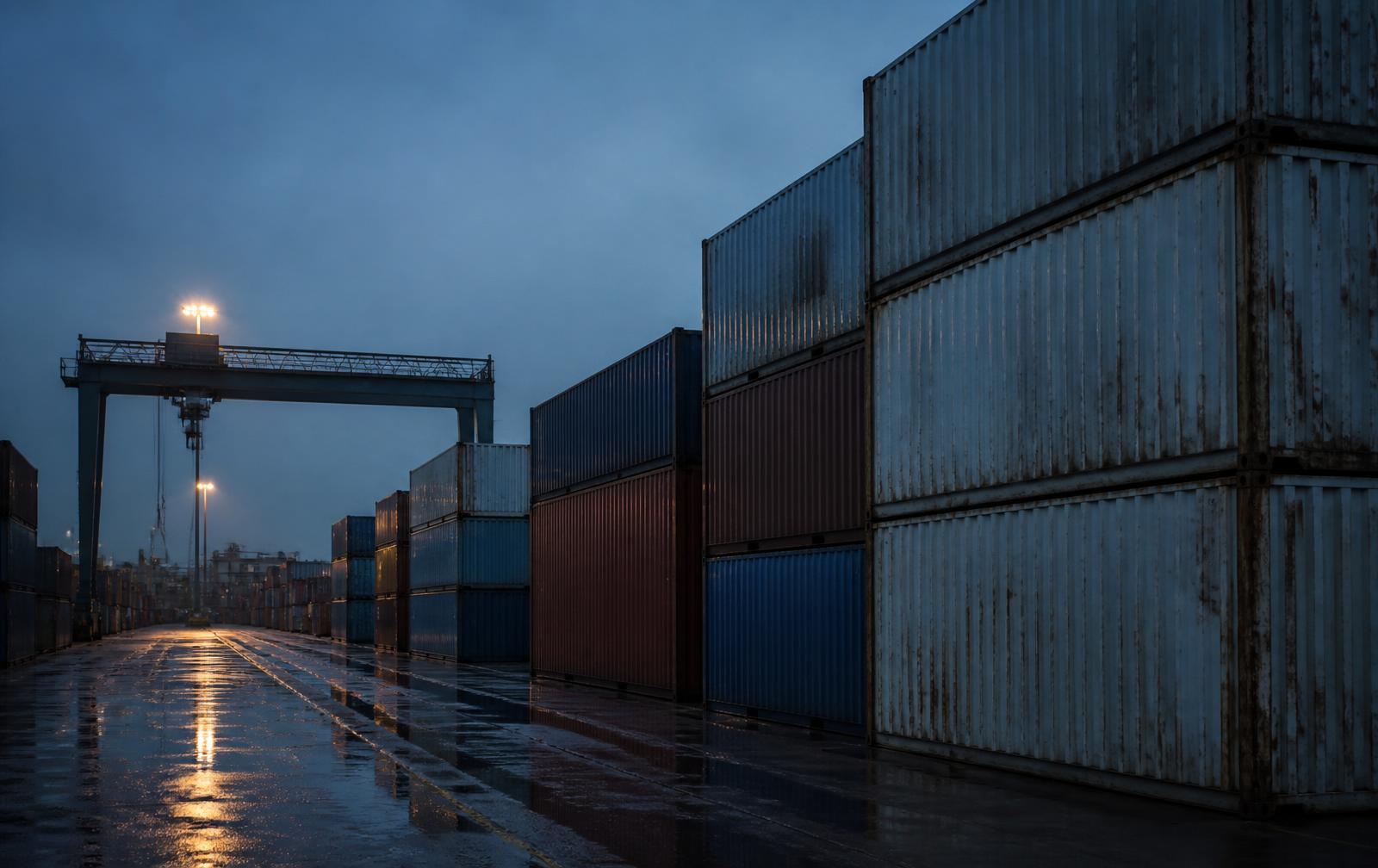 Stacked shipping containers in a terminal yard at blue hour with a gantry crane in the distance
