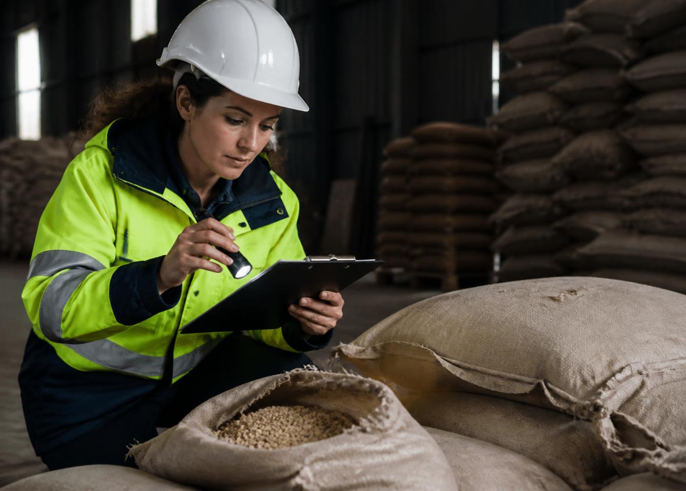 Marine cargo surveyor inspecting damaged sacks of commodity cargo in a warehouse